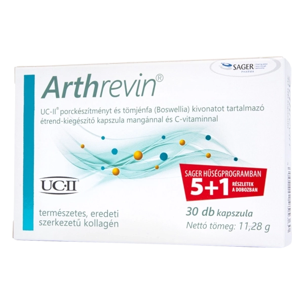 Arthrevin® UC-II® porckészítményt és tömjénfa (Boswellia) kivonatot tartalmazó étrendkiegészítő kapszula mangánnal és C-vitaminnal, 30 db