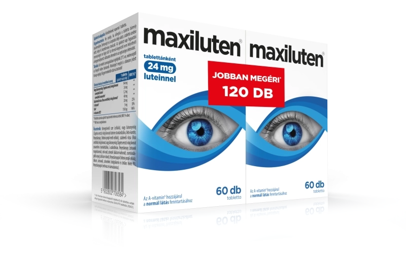 Maxiluten növényi kivonatokat, luteint, zeaxantint, A-vitamint, cinket és C-vitamint tartalmazó étrend-kiegészítő tabletta, 2x60 db-os csomag
